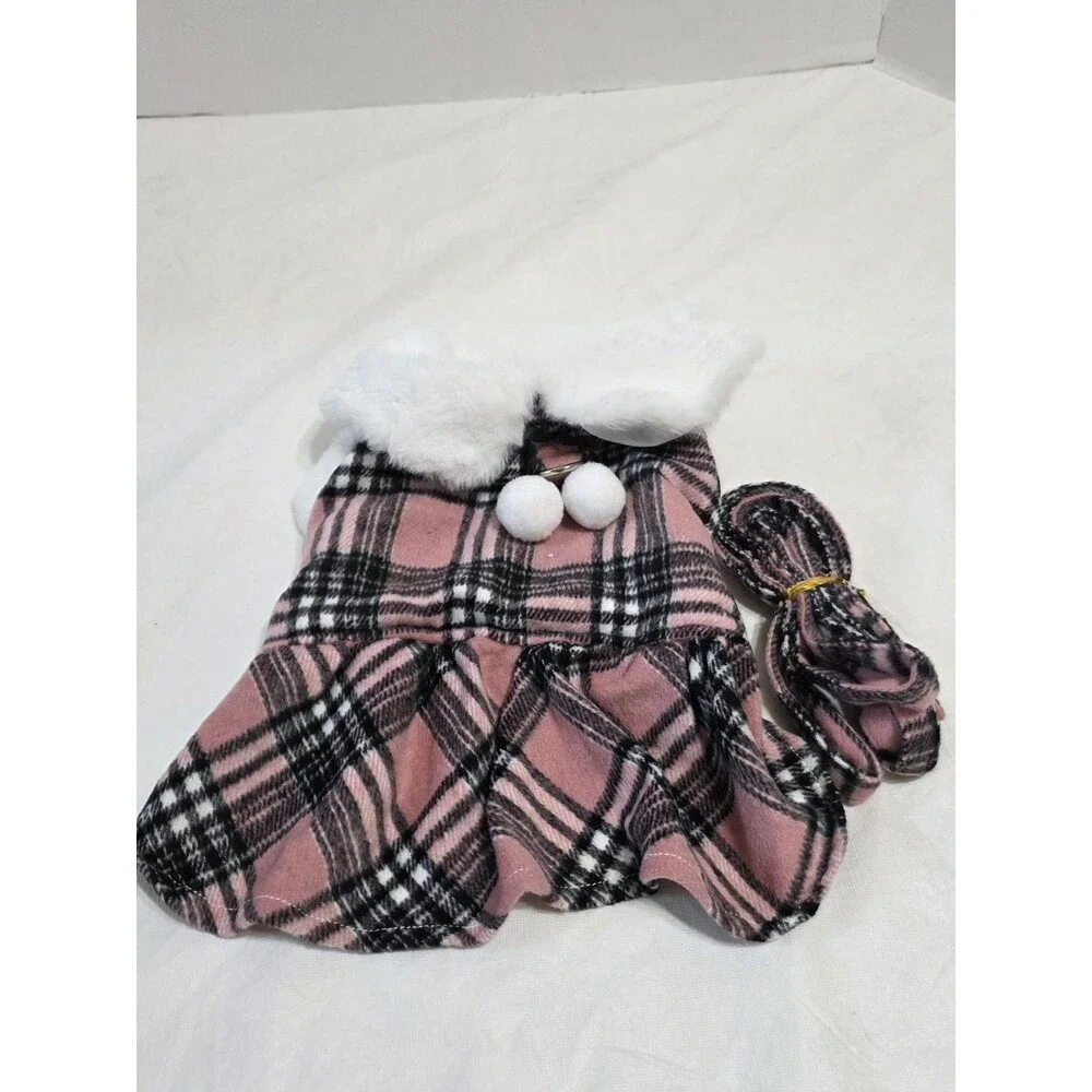 NWT YikeYo Pink and Black Plaid Dog Coat and Leash Size Small